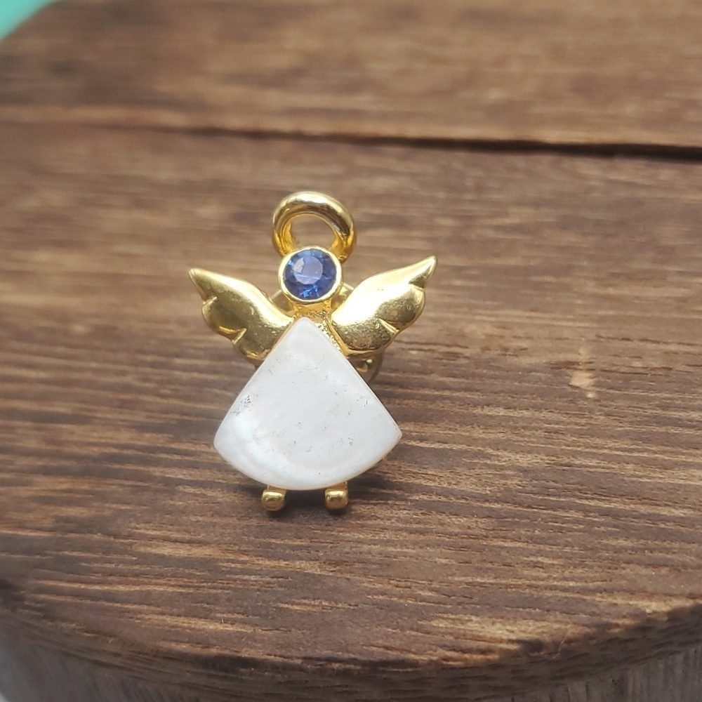 Luxe mother of pearl sapphire blue crystal guardian angel pin B513